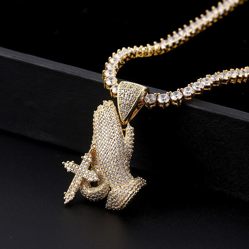 Iced Praying Hands Pendant Necklace - Exclusive Jewels