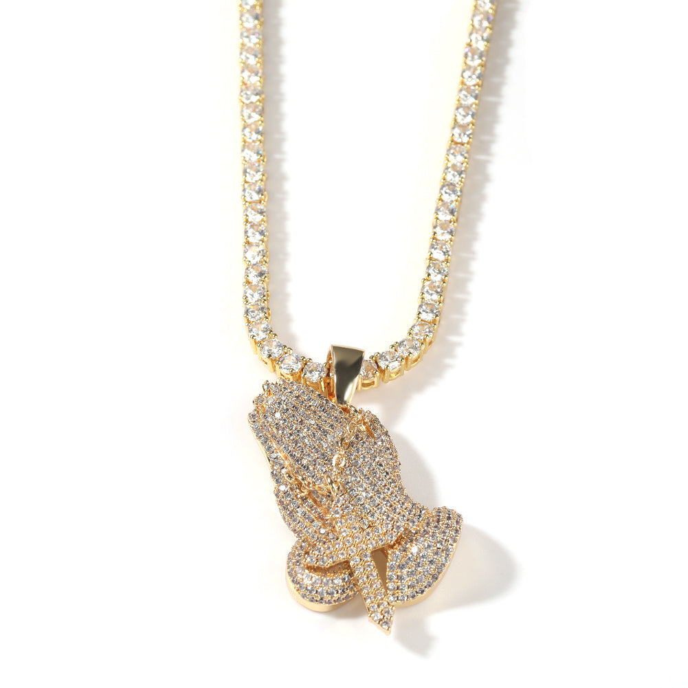 Iced Praying Hands Pendant Necklace - Exclusive Jewels