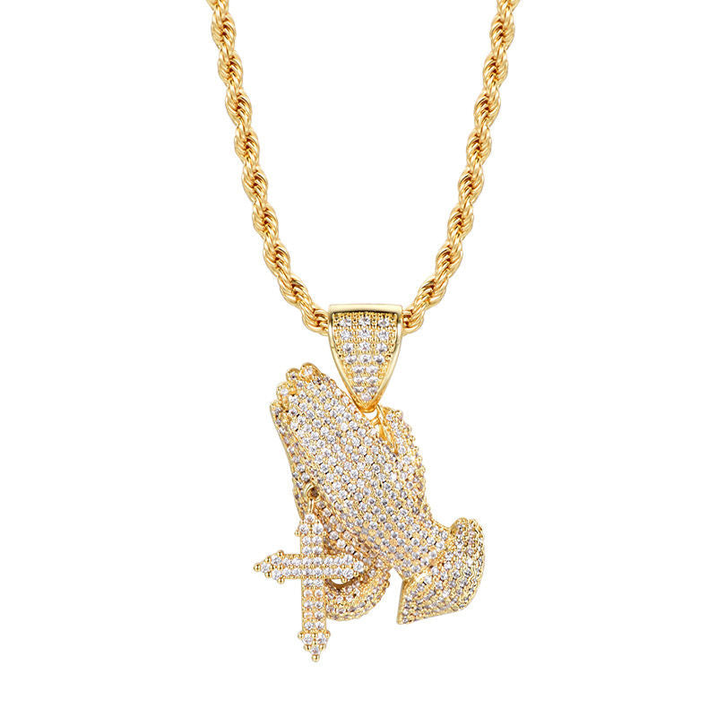 Iced Praying Hands Pendant Necklace - Exclusive Jewels