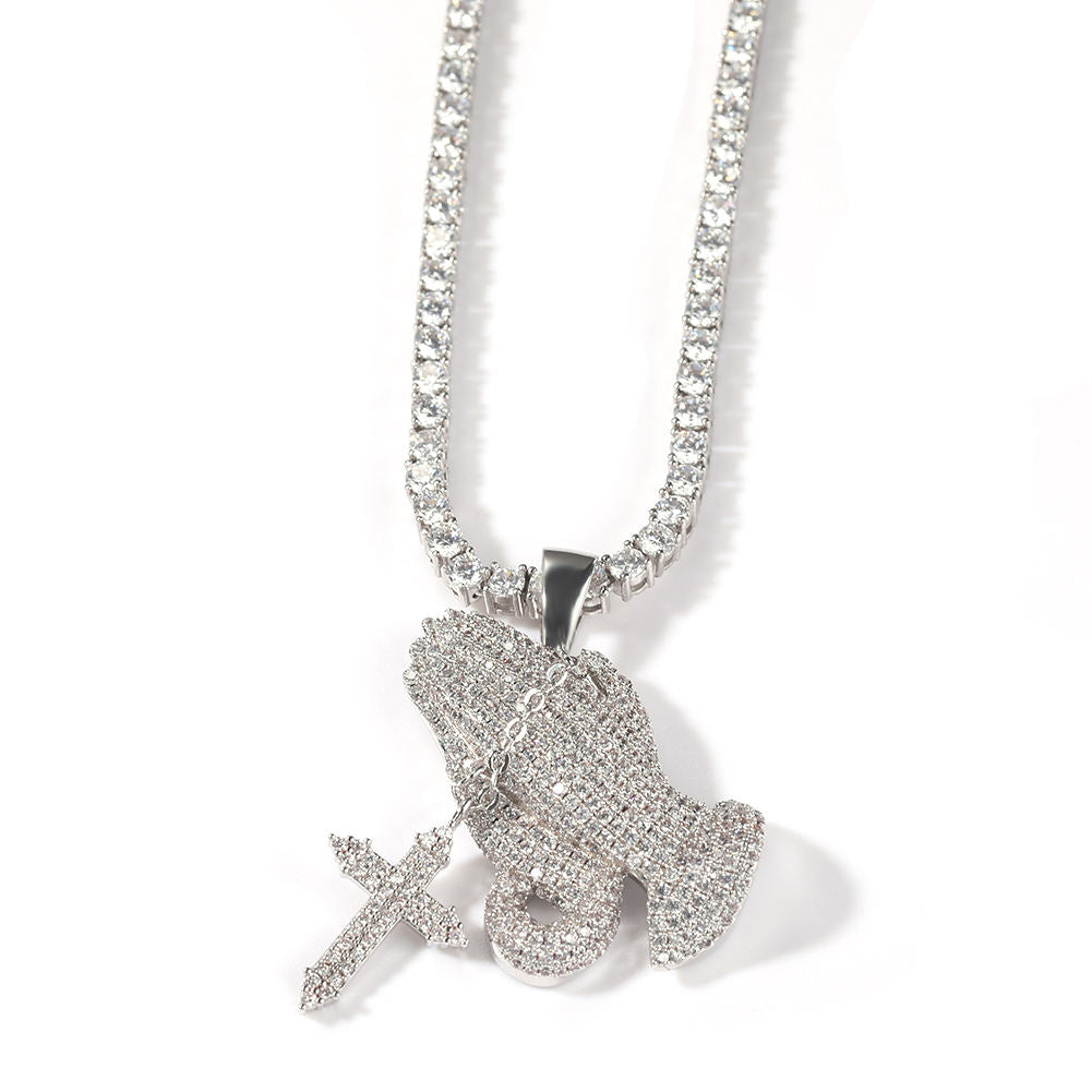 Iced Praying Hands Pendant Necklace - Exclusive Jewels