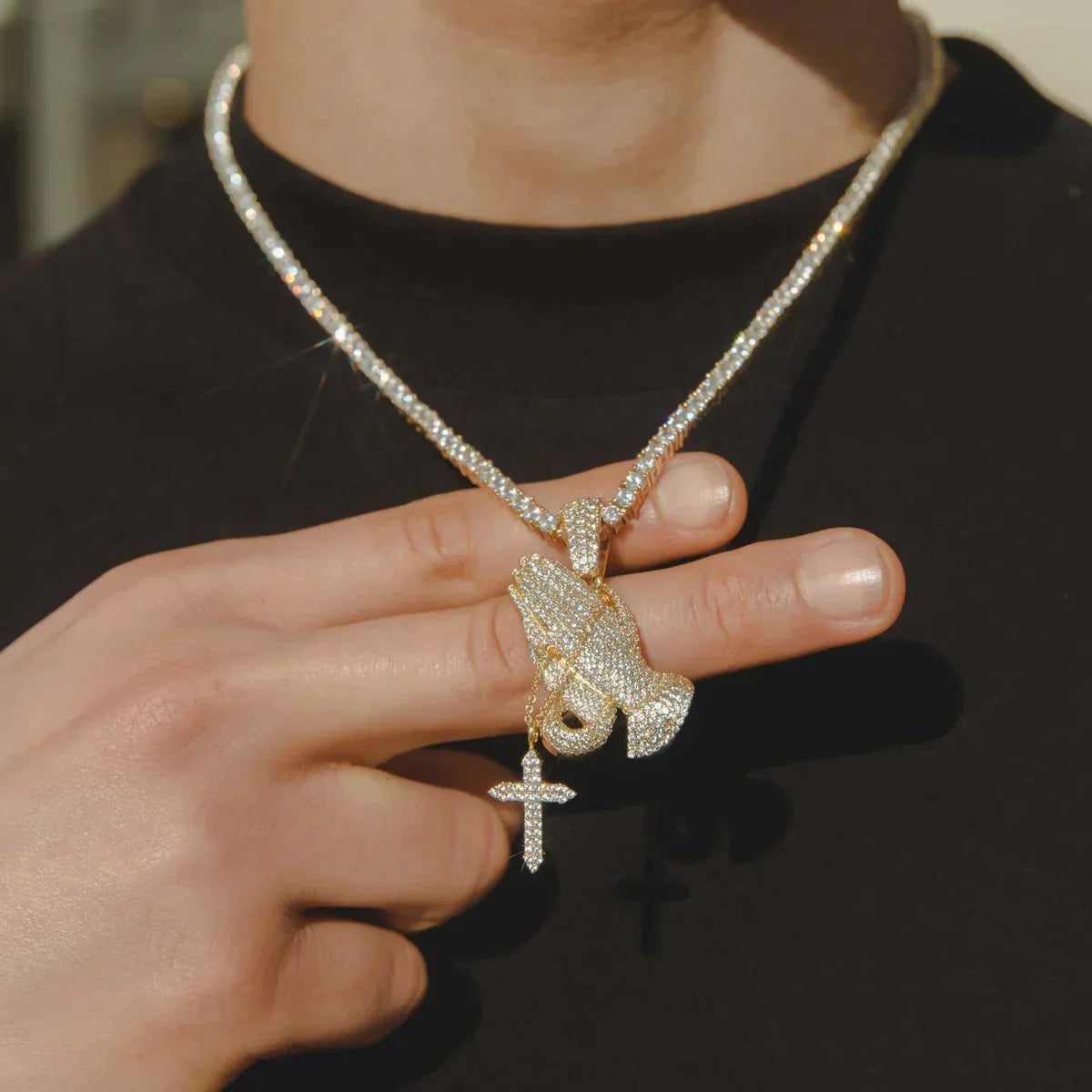 Iced Praying Hands Pendant Necklace - Exclusive Jewels