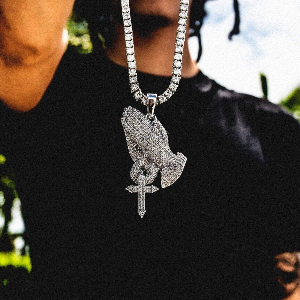 Iced Praying Hands Pendant Necklace - Exclusive Jewels