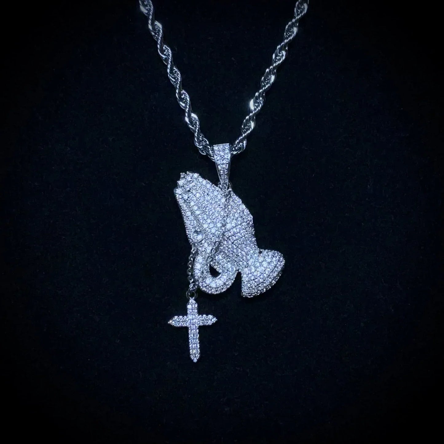Iced Praying Hands Pendant Necklace - Exclusive Jewels