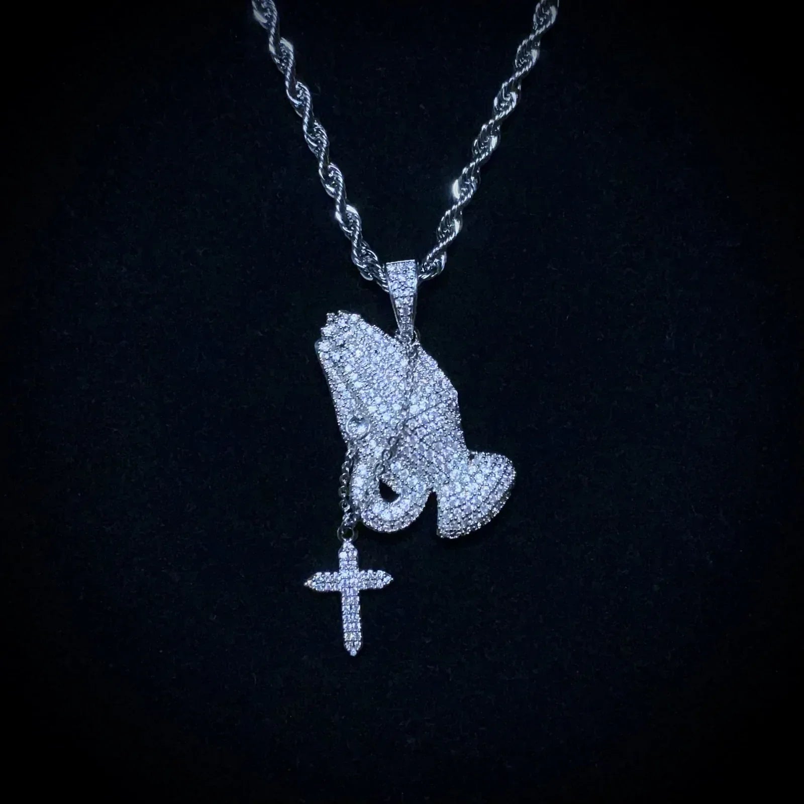 Iced Praying Hands Pendant Necklace - Exclusive Jewels